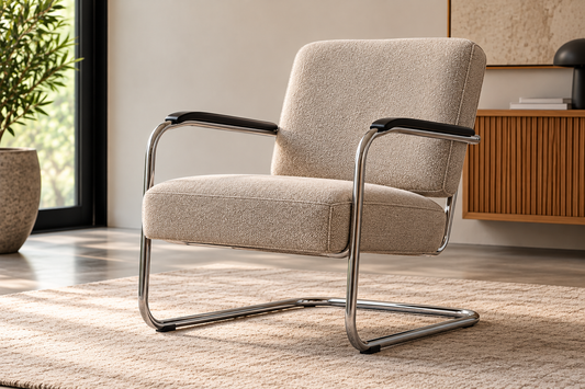 Klassieke Gispen-stijl fauteuil met beige meubelstof, chromen buisframe en zwarte armleuningen in een modern interieur.