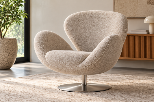 Artifort-stijl designfauteuil met beige bouclé bekleding, ronde vormen en metalen draaivoet in een modern interieur.